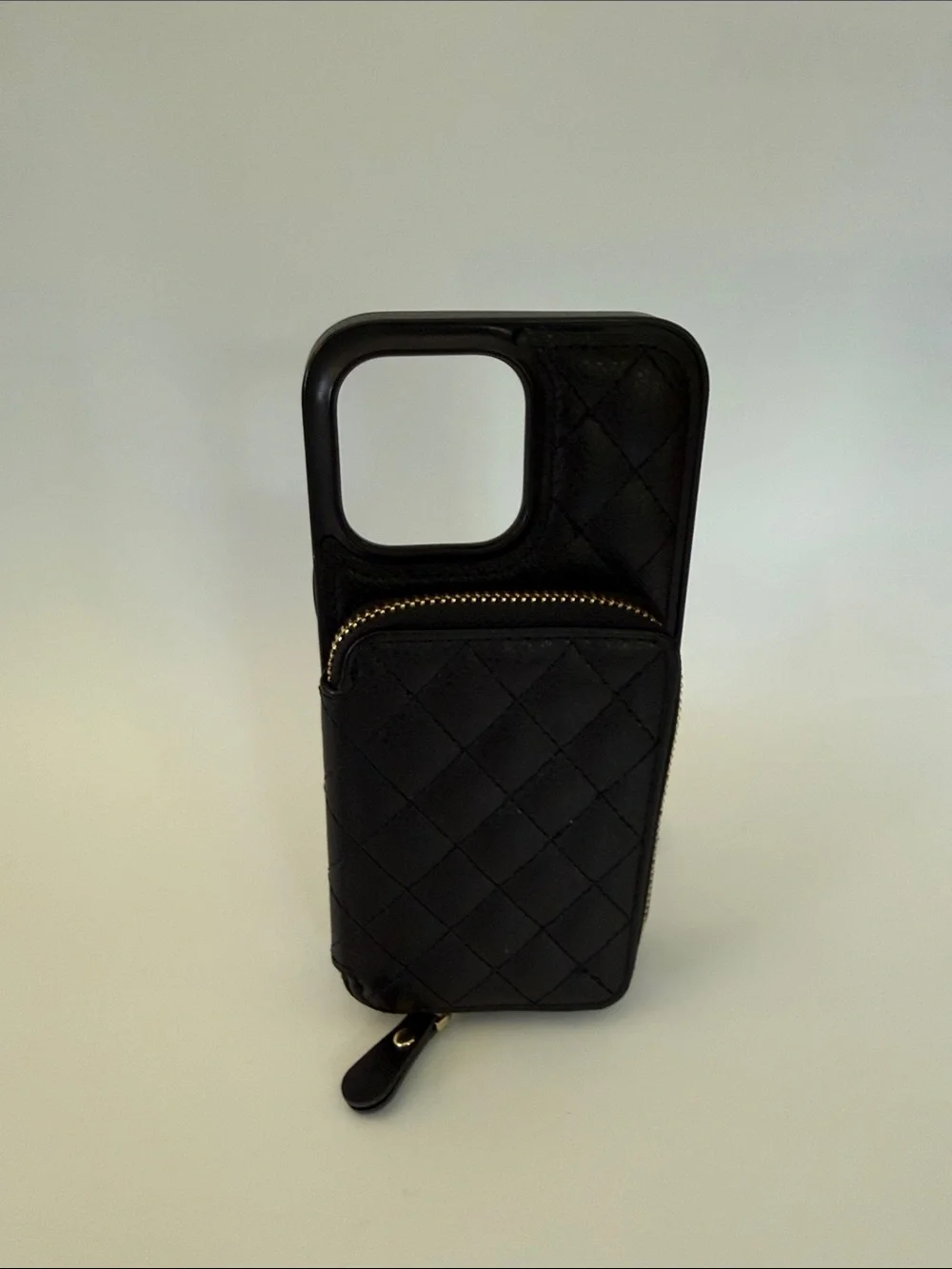 Black Quilted Wallet Phone Case with adjustable strap. iPhone 16 ProMax